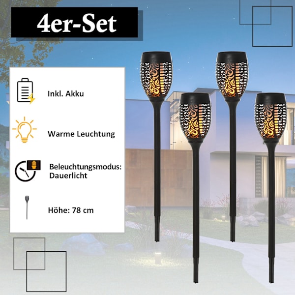 Solar Light Havesolar Lamper I Sæt Med 4, 6-8 Timers Lystid, Ip44 Vandtæt, Plastik, Sort, Ø12Xh72Cm