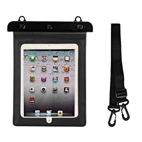 Vedenpitävä PVC-tablettikotelo säädettävällä ulkoiluhihnalla - musta