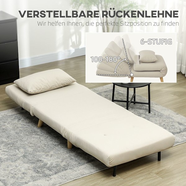 Sovstol, hopfällbar stol med sängfunktion, dekorativa kuddar, hopfällbar relaxstol med justerbart ryggstöd i sammetslook, för vardagsrum, beige
