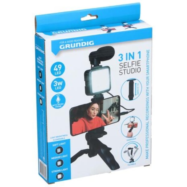 Grundig ED-38135: 3-i-1 Selfie Studio Vlogging Kit med belysning, mikrofon og stativ