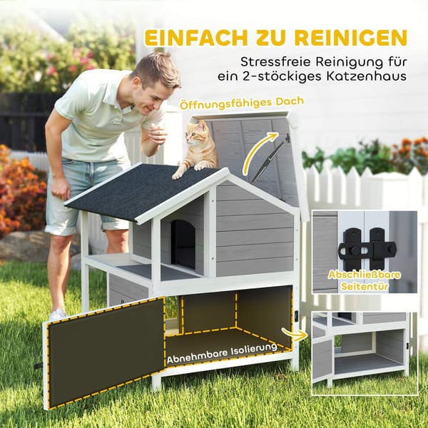 Katthus för utomhusbruk, vattentätt granträ, 2 våningar, 80x93x95 cm