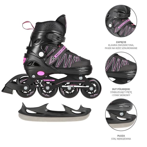 2-i-1 inline & skøjter, sort/lyserød, størrelse S (31-34)