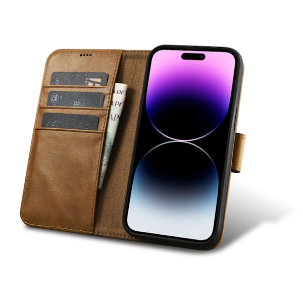 2-i-1 læder Flip Cover iPhone 14 Pro Max Anti-RFID olievoks pung etui lysebrun