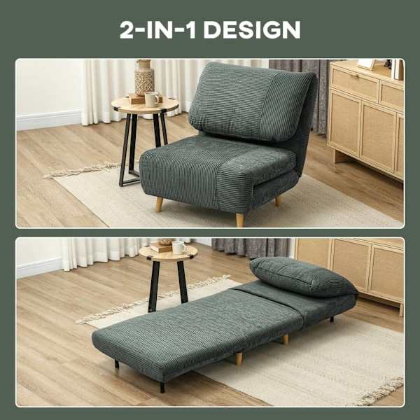 2-i-1 sovesofa, stoleseng, justerbar foldemadras, gæsteseng i fløjlsbukser, til soveværelse, stue, grøn, 82 x 89 x 83 cm