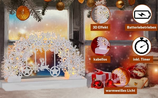 LED-ljusbåge med timer – Vit snöflingedesign