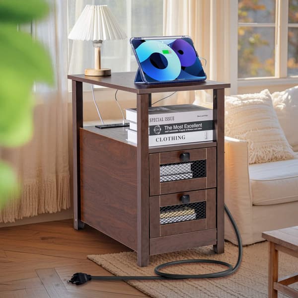 Landstedssidebord med USB, stikkontakter, 2 skuffer, brun