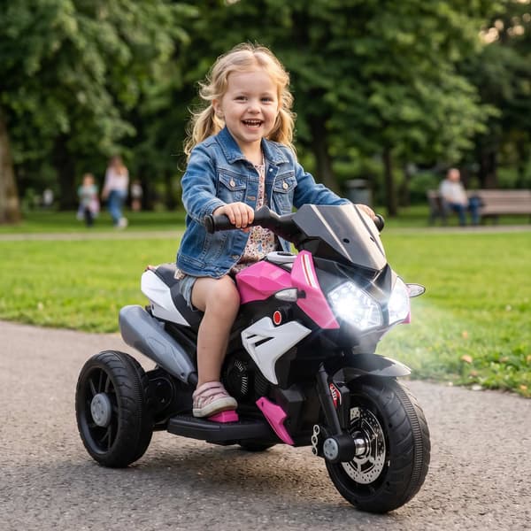 Elmotorcykel til børn, lys og lyde, 3 km/t, lyserød/hvid