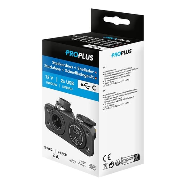 12V stikkontakt med dobbelt USB-C hurtigoplader, 2-vejs 3A