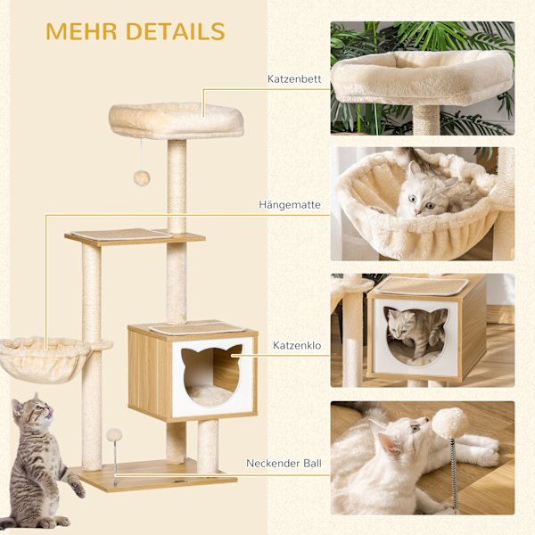 Beige Cat Tree Cat Cave Platform Puulastulevy Sisal 126Cm Korkeus