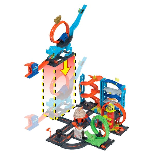 T-Rex Chomp Down -leikkisetti Hot Wheels -autoilla ja -radalla