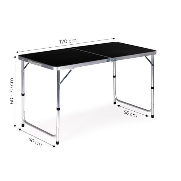 Turistbord foldbart campingbord sort plade 120 x 60 cm