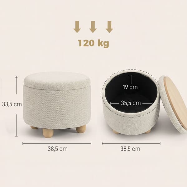 Förvaringsfotpall med vändbart lock, beige linne, 38,5x33,5 cm