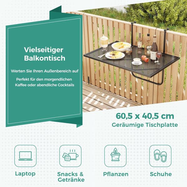 Fällbart balkongbord – hängbord i metall, svart