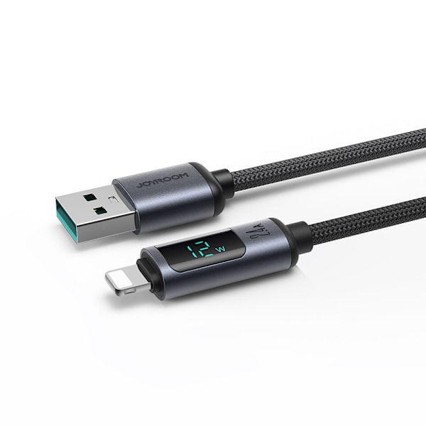 Kaapeli iPhonelle LED Lightning -näytöllä - USB-A 2.4A 1.2m musta