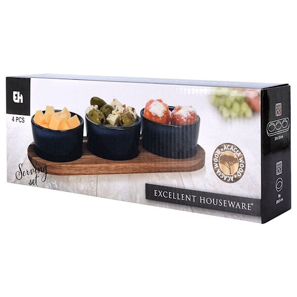 Sæt med 3 keramiske skåle på akaciebakke til snacks og dips