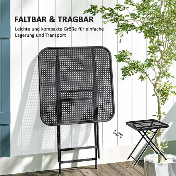 Fällbart trädgårdsbord 70 x 70 cm, väderbeständigt balkongbord, fällbart stålbord med utskuren design, utematbord, fyrkantigt sidobord, uteplatsbord f
