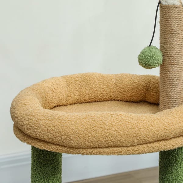 Klösträd med grotta, säng och jutestolpar – 98 cm, bladdesign