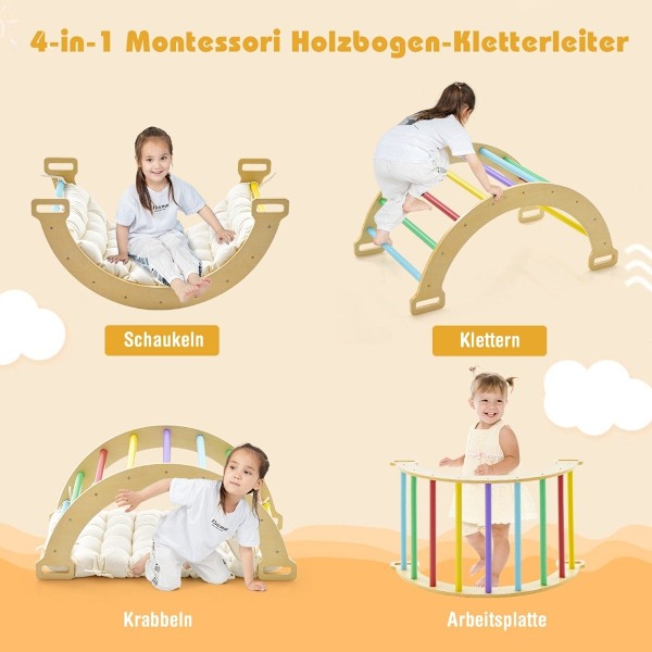 Klätterbåge i trä med mjuk kudde för gung, klättring och krypning, klätterställning, färgglad
