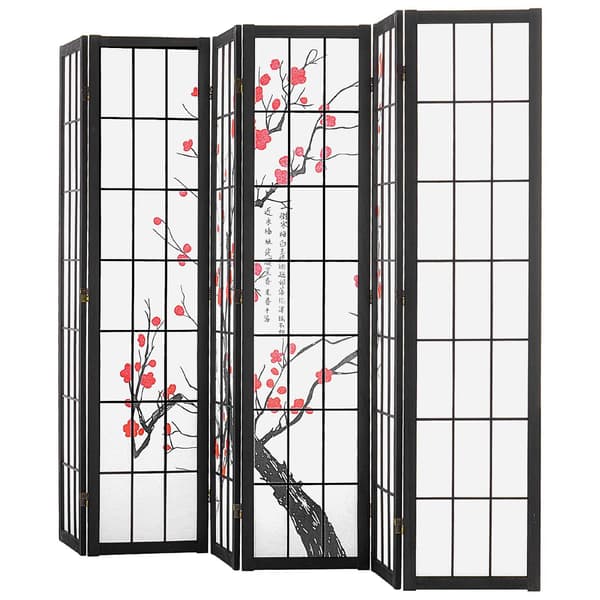 Japansk rumsavdelare, vikbar träskärm med 6 paneler, körsbärsblom