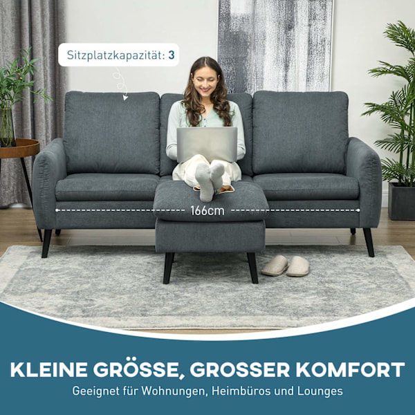 Hjørnesofa med sovefunktion, sofa med fodskammel, 3 pudepuder, hjørnesofa, L-formet sofa til stue, soveværelse, 196 x 140 x 88 cm, grå Aosom