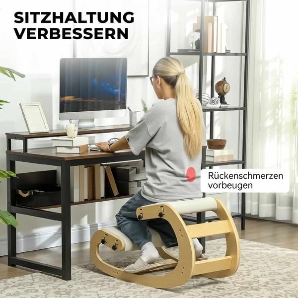 Ergonomisk knäböjd stol, justerbar björkträbas, krämfärgad