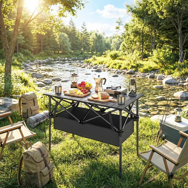Bærbart, foldbart campingbord med netopbevaring, sort
