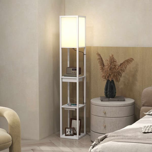 Gulvlampe med 3-lags hylde, USB-porte, hvid MDF