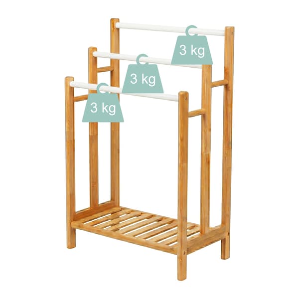 Fristående handdukshängare, bambu och stål, 3 stänger, hyllplan