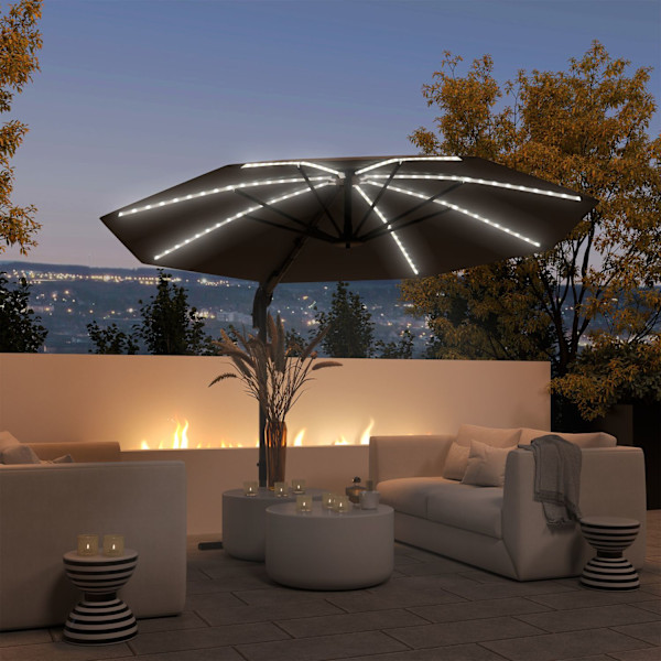 Aluminium Parasoll LED Solar Diameter 300 cm Höjdjusterbar Parasoll med Vevstativ UV50+ Vattenavvisande 360° Roterbart Market Paraply Tiltbart Trädgår