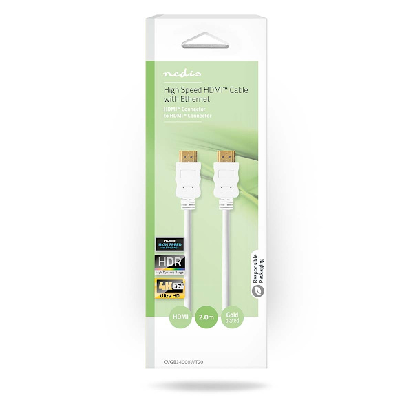High Speed ​​HDMI ™ Kaapeli Ethernet | HDMI™ liitin | HDMI™ liitin | 4K@30Hz | ARC | 10.2 Gbps | 2.00 m | Pyöreä | PVC | Valkoinen | Laatikko