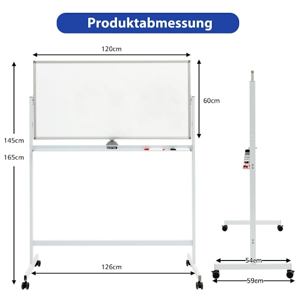 Dobbeltsidet magnetisk mobil whiteboard Justerbar Dry Erase Board på hjul Hvid