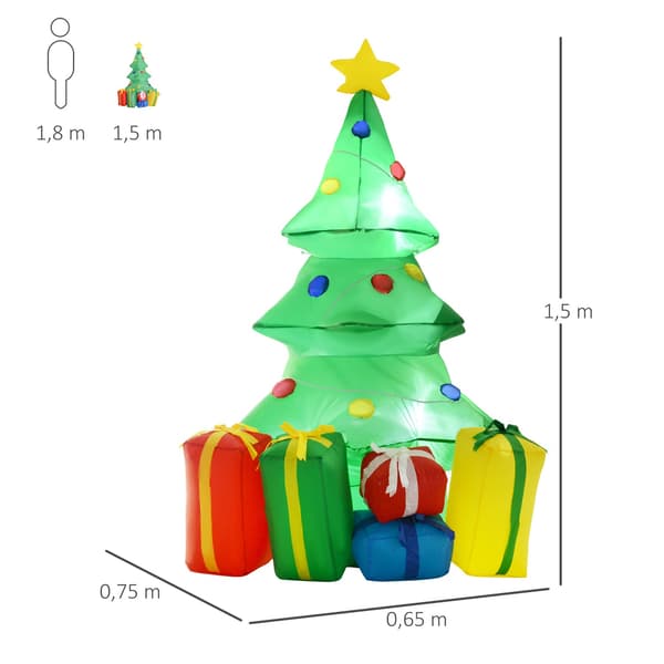 Oppusteligt juletræ med gaver, 1,5 m, LED-lys
