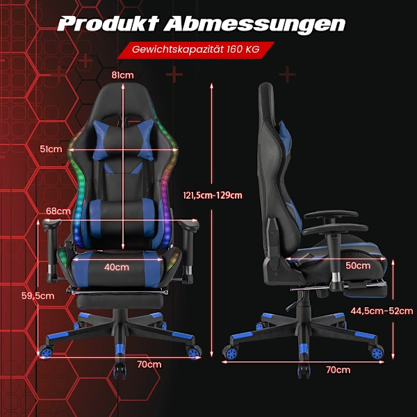 Gamingstol med RGB LED-lys og udtrækkelig fodstøtte Ergonomisk kontorstol Blå