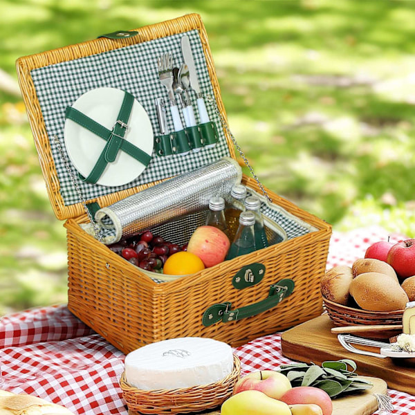 Picknickkorg av pilträ, picknickresväska för 2 personer med isolerat kylfack, bestickset, picknickset, komplett set för camping, strand, jul, ljusbrun