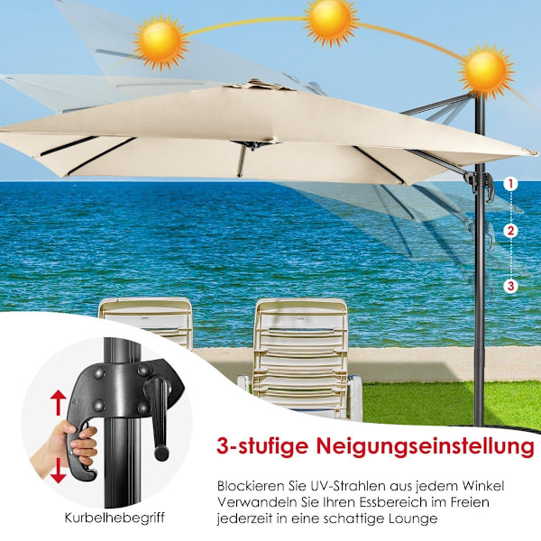 Parasol med 3 vippeindstillinger til haver, terrasser, caféer, 300 x 300 x 273 cm, beige