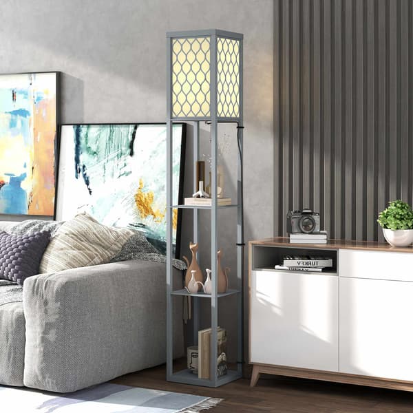Gulvlampe med hylde, 3 niveauer, kompakt MDF, lysegrå