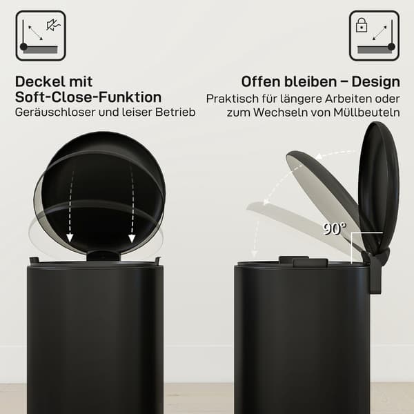 20L Pedal Affaldsbeholder, Soft-Close Låg, Sort Metal
