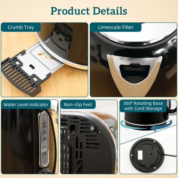 Elkedel- og brødristersæt, LED-display, 1,7L, 2200W, sort