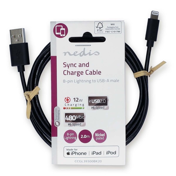 Lightning Kaapeli | USB 2.0 | Apple Lightning 8-Pin | USB-A Uros | 480 Mbps | Niklattu | 2.00 m | Pyöreä | PVC | Musta | Label