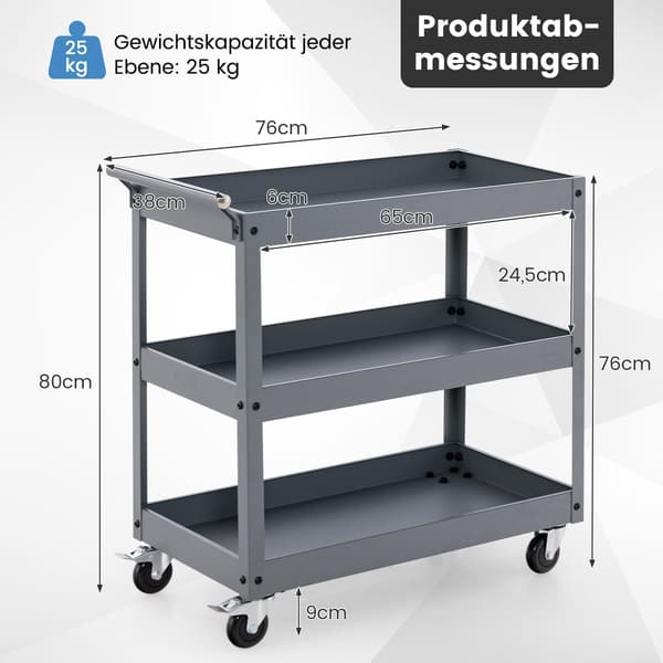 3-lags metalvogn med ergonomisk håndtag, grå
