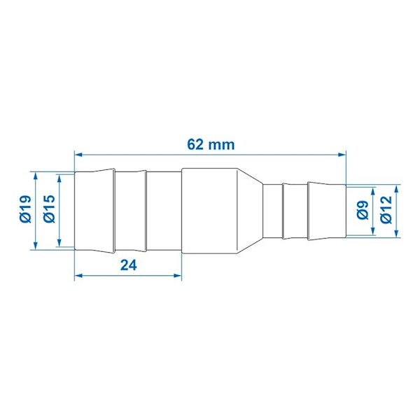 Vandslangereduktion lige 19x12mm 2 stk i blister