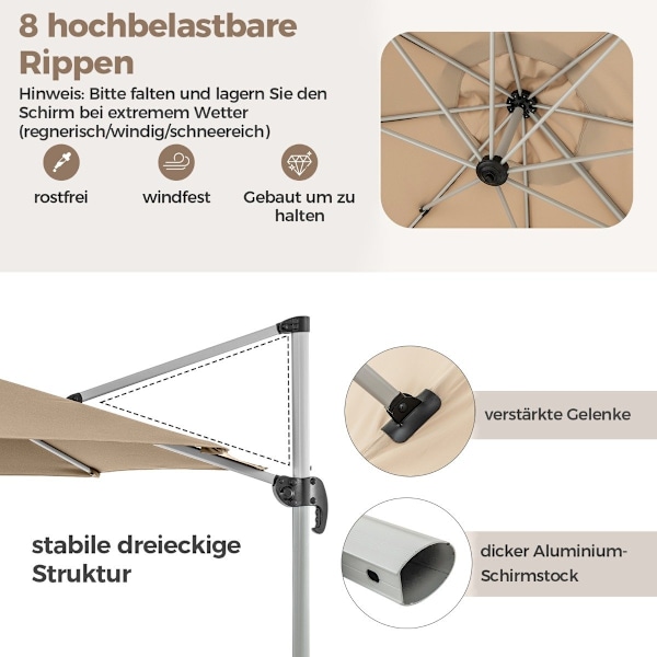 Ø 330 cm päivänvarjo kammen kanssa &amp; UPF 50+ &amp; 360° pyörivä ulokevarjo puutarhan sateenvarjo beige