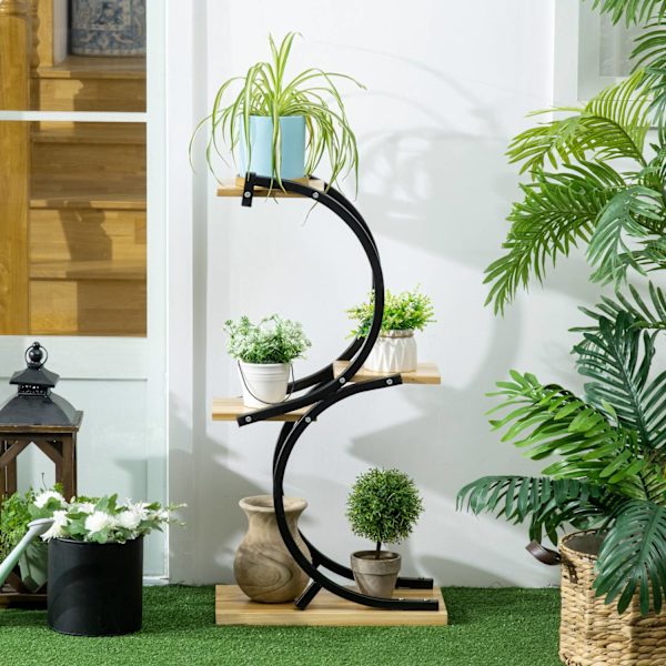 Växthylla S-Formad 4-Vånings Blomtrappa, Växtställ Med Metallram, Massivt Trä, Svart, 46X25X91Cm