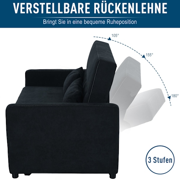 Bäddsoffa, Hopfällbar Soffa, 2-Sits Tygsoffa, Bäddsoffa, Soffa Med Sovfunktion, Soffset, Justerbar Vinkel, Svart, 148 X 82 X 89 Cm