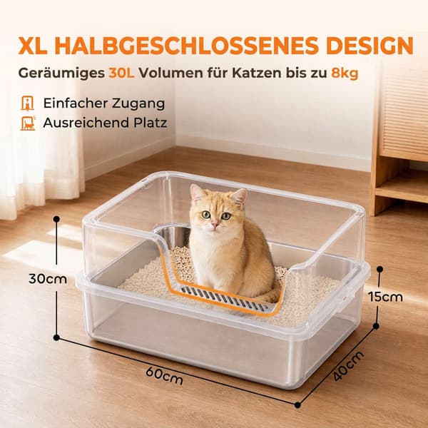 XL kattlåda i rostfritt stål med lock, höga sidor, grå