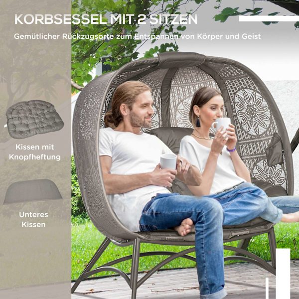 Garden Chair 2-Paikkainen Korituoli Kokoontaitettavalla Korilla Papasan-Tuoli Tyynyllä Lepotuoli Parvekkeelle Patiolle Teräshiekka 126 X 75 X 142 Cm