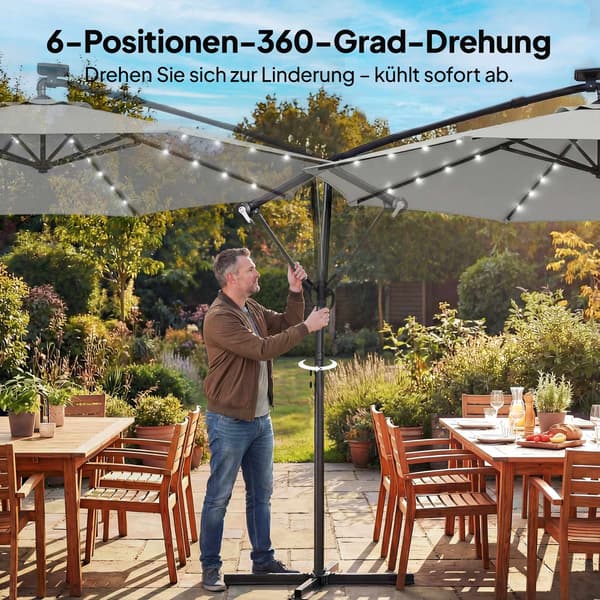 Fritstående terrasseparasol, 3x3m, solcelledrevne LED-lys, UV-resistent