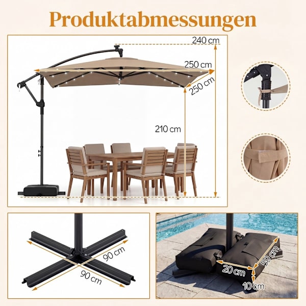 Rektangulær terrasseparasol med stativ, LED-lys, 360 graders rotation