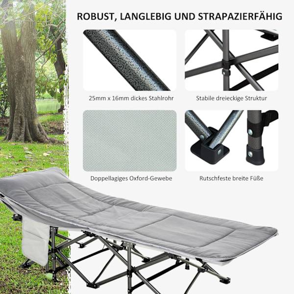 Campingseng, Feltseng, Klapseng Med Pude, Sidelomme, Madras, Lysegrå, Op Til 150 Kg