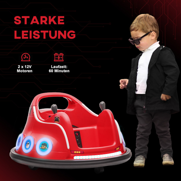 12V børnekofangerbil med 2,4 G fjernbetjening, elektrisk kofanger med musik og lys, 1,5-3 km/t, børneelbil med 360° rotation, til børn 3-5 år, rød